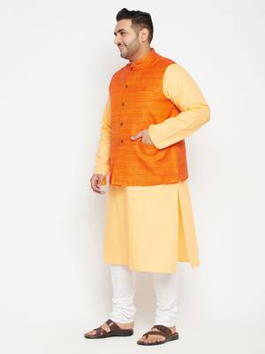 Fawn, Orange And White Cotton Blend Jacket Kurta Pyjama Set 3