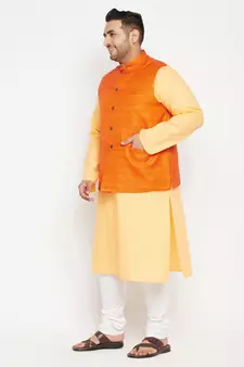 Fawn, Orange And White Cotton Blend Jacket Kurta Pyjama Set