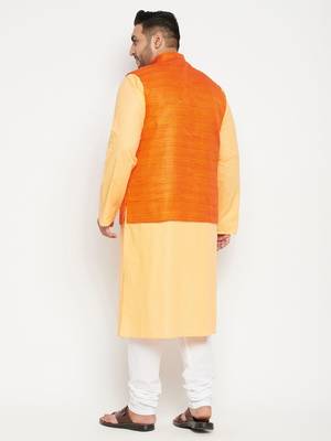 Fawn, Orange And White Cotton Blend Jacket Kurta Pyjama Set 4