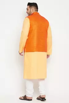 Fawn, Orange And White Cotton Blend Jacket Kurta Pyjama Set