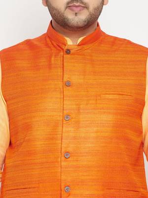 Fawn, Orange And White Cotton Blend Jacket Kurta Pyjama Set 5