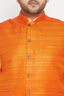 Fawn, Orange And White Cotton Blend Jacket Kurta Pyjama Set