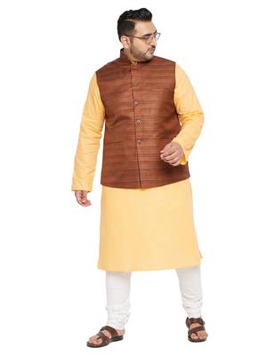 Men'S Fawn, Coffee Brown And White Cotton Blend Jacket Kurta Pyjama Set 1