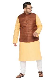 Men'S Fawn, Coffee Brown And White Cotton Blend Jacket Kurta Pyjama Set