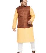 Men'S Fawn, Coffee Brown And White Cotton Blend Jacket Kurta Pyjama Set