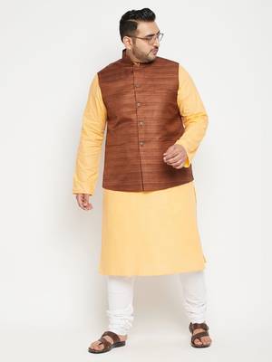 Men'S Fawn, Coffee Brown And White Cotton Blend Jacket Kurta Pyjama Set 2