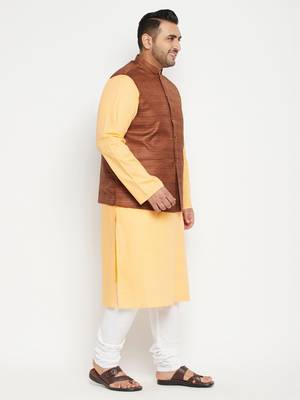 Men'S Fawn, Coffee Brown And White Cotton Blend Jacket Kurta Pyjama Set 3
