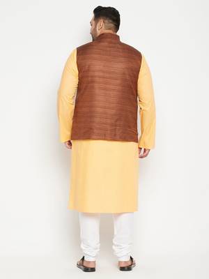 Men'S Fawn, Coffee Brown And White Cotton Blend Jacket Kurta Pyjama Set 4