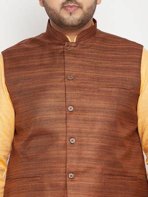 Men'S Fawn, Coffee Brown And White Cotton Blend Jacket Kurta Pyjama Set 5