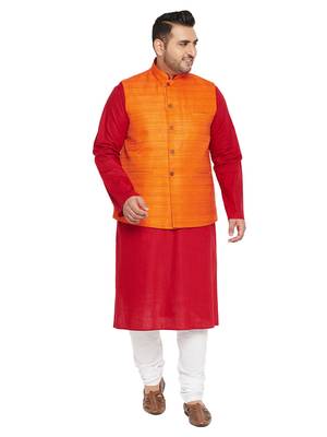 Maroon, Orange And White Cotton Blend Jacket Kurta Pyjama Set 1