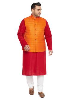 Men'S Maroon, Orange And White Cotton Blend Jacket Kurta Pyjama Set