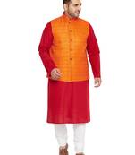Maroon, Orange And White Cotton Blend Jacket Kurta Pyjama Set