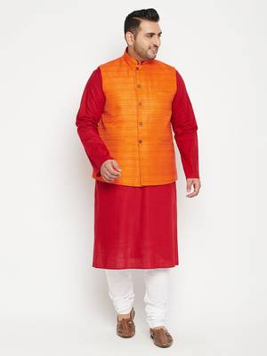 Maroon, Orange And White Cotton Blend Jacket Kurta Pyjama Set 2