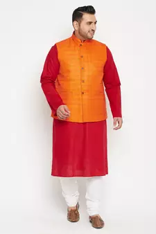 Maroon, Orange And White Cotton Blend Jacket Kurta Pyjama Set