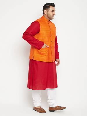 Maroon, Orange And White Cotton Blend Jacket Kurta Pyjama Set 3