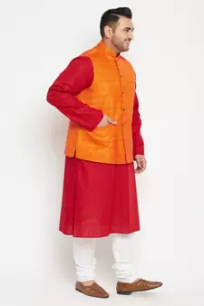 Maroon, Orange And White Cotton Blend Jacket Kurta Pyjama Set