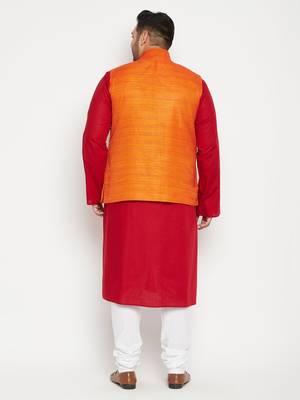 Maroon, Orange And White Cotton Blend Jacket Kurta Pyjama Set 4
