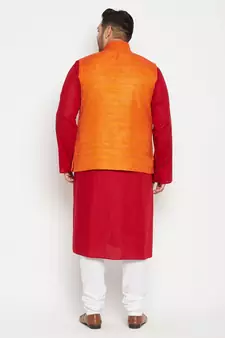 Maroon, Orange And White Cotton Blend Jacket Kurta Pyjama Set