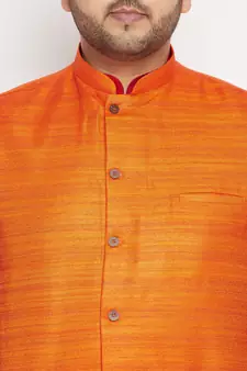 Maroon, Orange And White Cotton Blend Jacket Kurta Pyjama Set