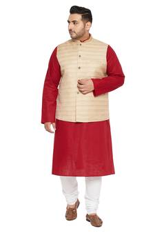 Men'S Maroon, Beige And White Cotton Blend Jacket Kurta Pyjama Set