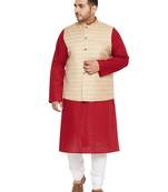 Maroon, Beige And White Cotton Blend Jacket Kurta Pyjama Set