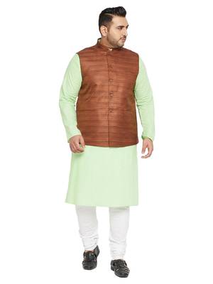 Mint Green, Coffee Brown And White Cotton Blend Jacket Kurta Pyjama Set 1