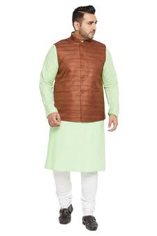 Men'S Mint Green, Coffee Brown And White Cotton Blend Jacket Kurta Pyjama Set
