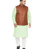 Mint Green, Coffee Brown And White Cotton Blend Jacket Kurta Pyjama Set