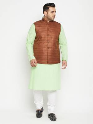Mint Green, Coffee Brown And White Cotton Blend Jacket Kurta Pyjama Set 2