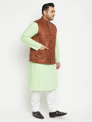 Mint Green, Coffee Brown And White Cotton Blend Jacket Kurta Pyjama Set 3