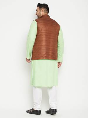 Mint Green, Coffee Brown And White Cotton Blend Jacket Kurta Pyjama Set 4
