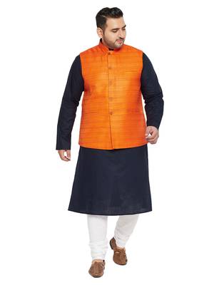 Navy Blue, Orange And White Cotton Blend Jacket Kurta Pyjama Set 1