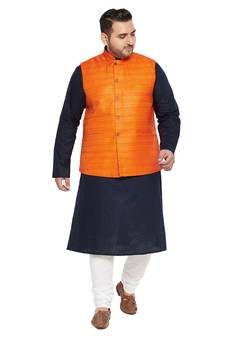 Men'S Navy Blue, Orange And White Cotton Blend Jacket Kurta Pyjama Set