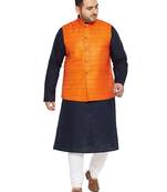Navy Blue, Orange And White Cotton Blend Jacket Kurta Pyjama Set