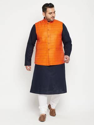 Navy Blue, Orange And White Cotton Blend Jacket Kurta Pyjama Set 2