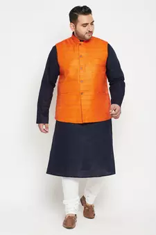 Navy Blue, Orange And White Cotton Blend Jacket Kurta Pyjama Set