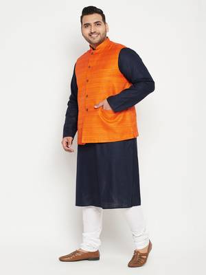 Navy Blue, Orange And White Cotton Blend Jacket Kurta Pyjama Set 3