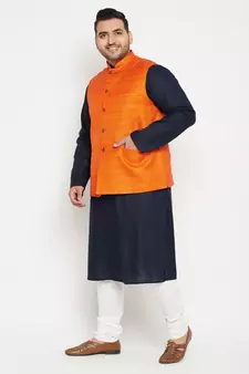 Navy Blue, Orange And White Cotton Blend Jacket Kurta Pyjama Set