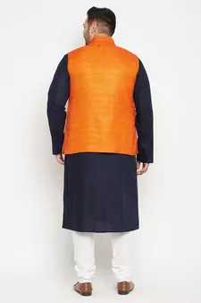 Navy Blue, Orange And White Cotton Blend Jacket Kurta Pyjama Set