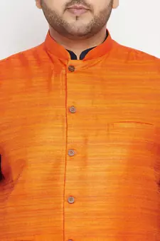 Navy Blue, Orange And White Cotton Blend Jacket Kurta Pyjama Set