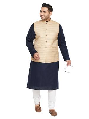 Men'S Navy Blue, Beige And White Cotton Blend Jacket Kurta Pyjama Set 1