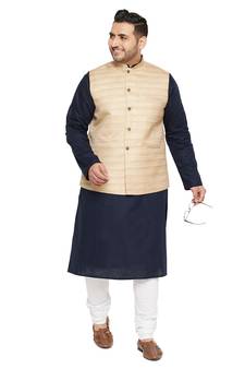 Men'S Navy Blue, Beige And White Cotton Blend Jacket Kurta Pyjama Set