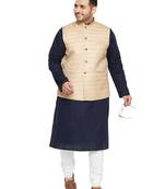Men'S Navy Blue, Beige And White Cotton Blend Jacket Kurta Pyjama Set