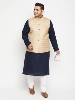 Men'S Navy Blue, Beige And White Cotton Blend Jacket Kurta Pyjama Set 2