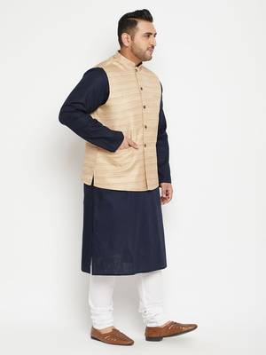 Men'S Navy Blue, Beige And White Cotton Blend Jacket Kurta Pyjama Set 3