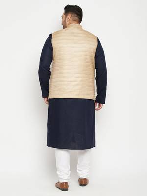 Men'S Navy Blue, Beige And White Cotton Blend Jacket Kurta Pyjama Set 4