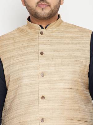 Men'S Navy Blue, Beige And White Cotton Blend Jacket Kurta Pyjama Set 5