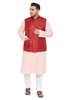 Men'S Pink, Maroon And White Cotton Blend Jacket Kurta Pyjama Set