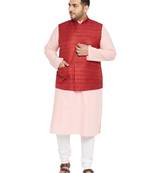 Pink, Maroon And White Cotton Blend Jacket Kurta Pyjama Set