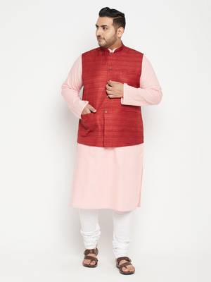 Pink, Maroon And White Cotton Blend Jacket Kurta Pyjama Set 2